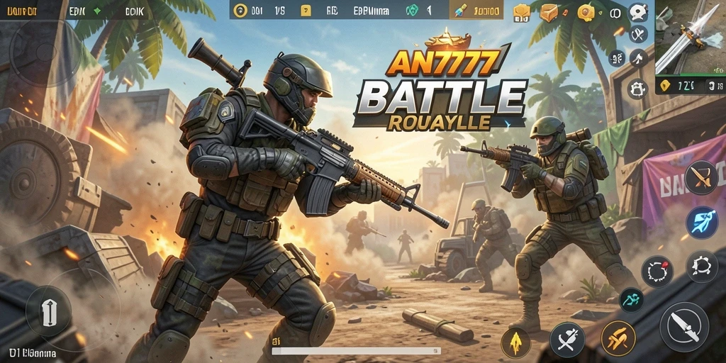 Gambaran gameplay mendebarkan AN777 dalam pertempuran Battle Royale.