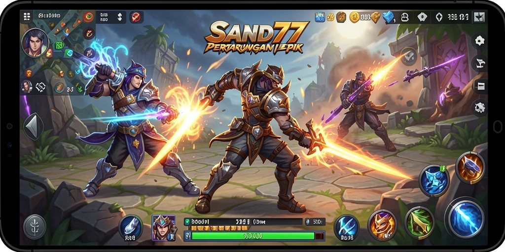 Tangkapan layar gameplay SAND77 yang menunjukkan pertempuran intens.
